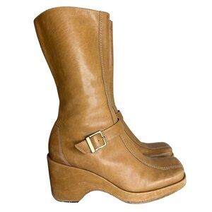 Vintage Y2K Tan Wedge Leather Mid-Calf Boots 6.5Side Zipper & Rubber Sole
